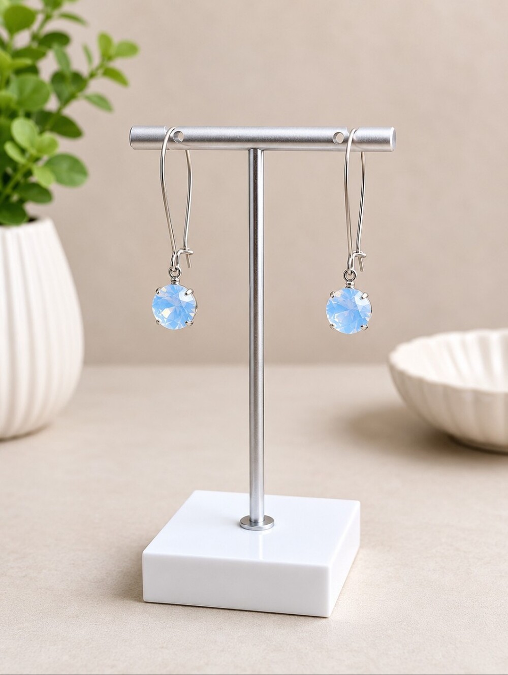 White Opal Crystals on Rhodium Wire Drop Earrings | Handcrafted